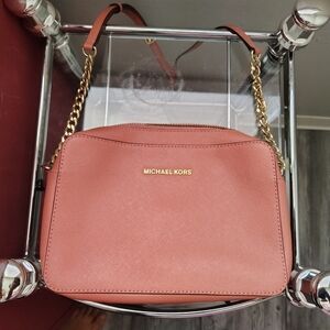 Michael Kors Rose-Tan Saffiano Crossbody Bag with Gold Chain